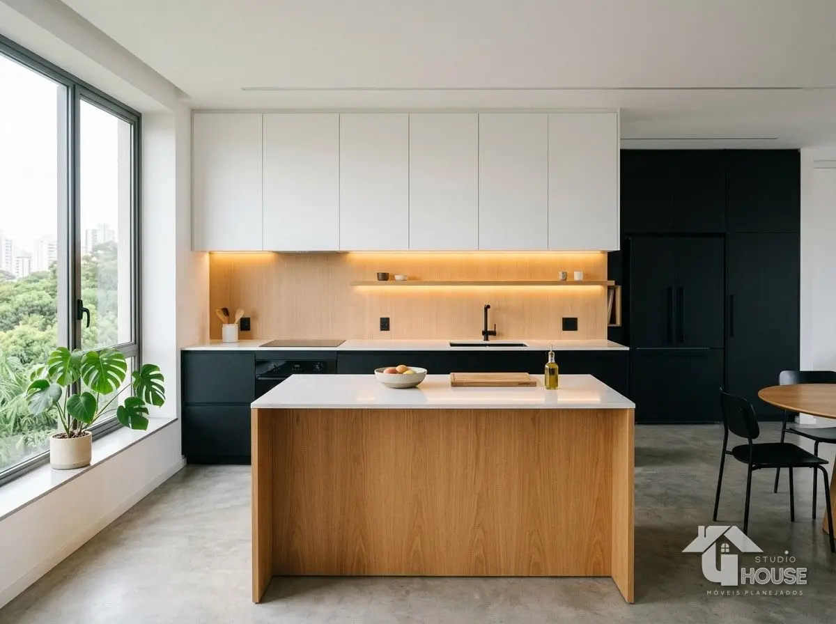 Cozinha planejada minimalista em MDF branco com ilha central