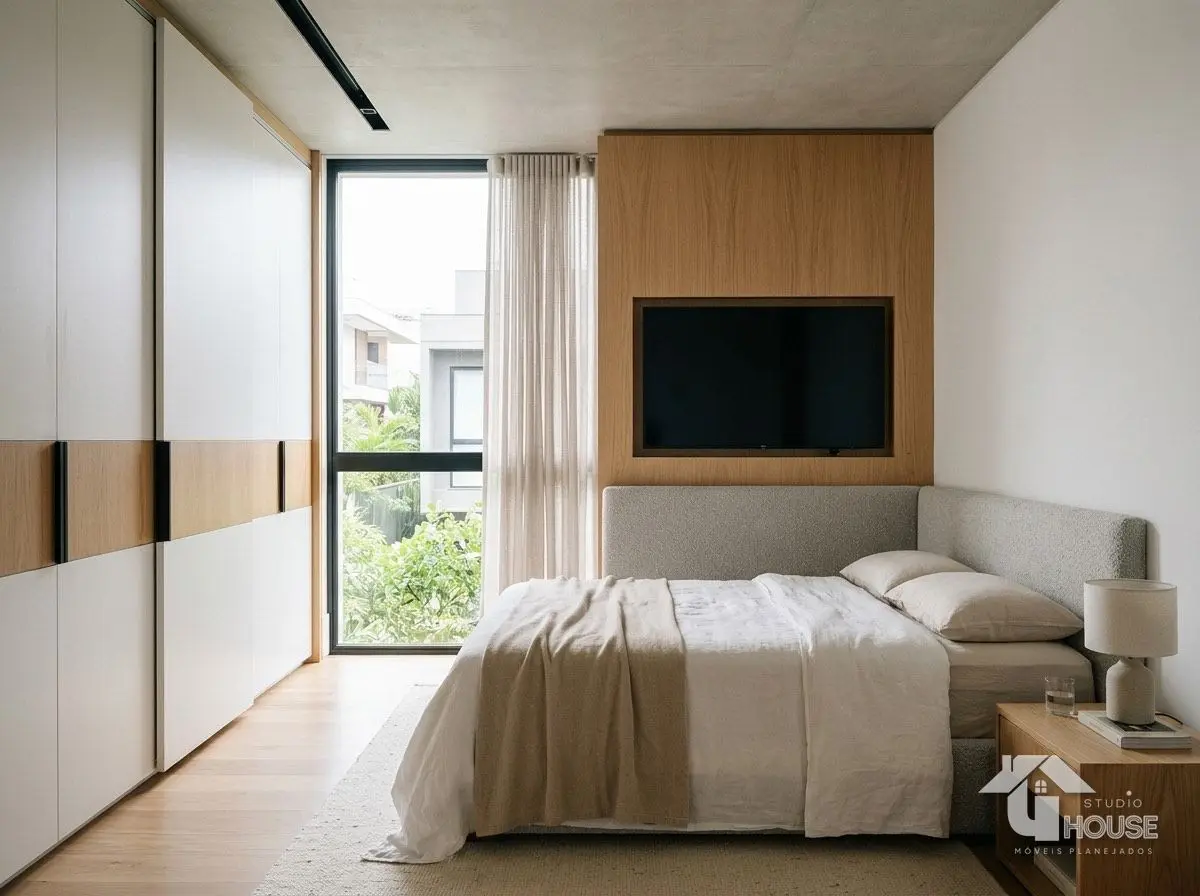 Dormitório planejado minimalista com guarda-roupa até o teto e painel de TV