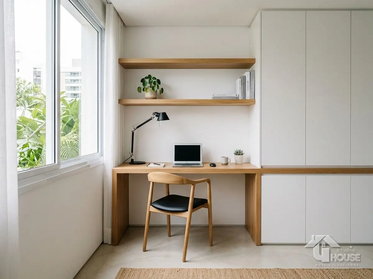 Home office planejado minimalista com bancada e prateleiras